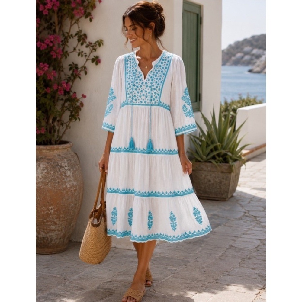 Soft Surroundings Juniper Dress L White Blue Embroidered Midi Tiered Gauze Boho